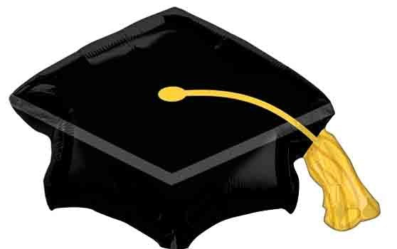 Black foil balloon shaped like a graduation cap with a gold tassel on one corner.