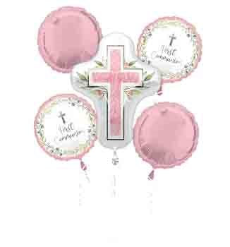 Set of five foil balloons featuring a large pink cross, two pink round balloons, and two white round balloons with floral.