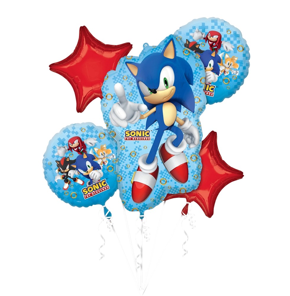 Sonic the Hedgehog foil balloon bouquet with three blue character balloons and two red star-shaped balloons.