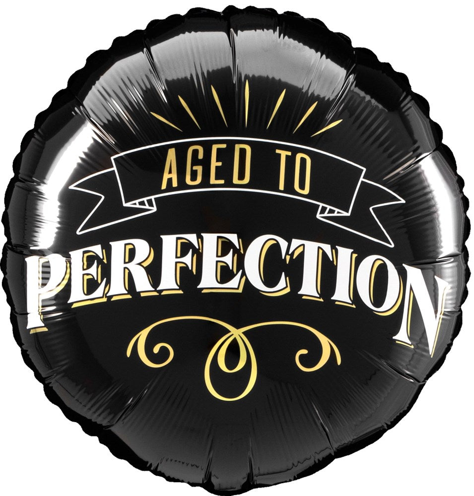 Black round foil balloon with gold and white "Aged to Perfection" text and decorative accents, 17 inches.