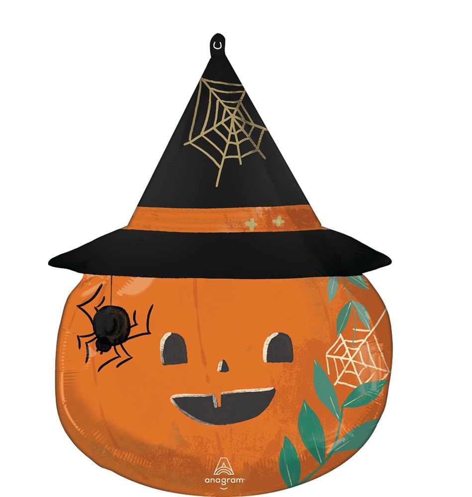 Orange pumpkin foil balloon with smiling face wearing black witch hat, decorated with spider webs and spider.