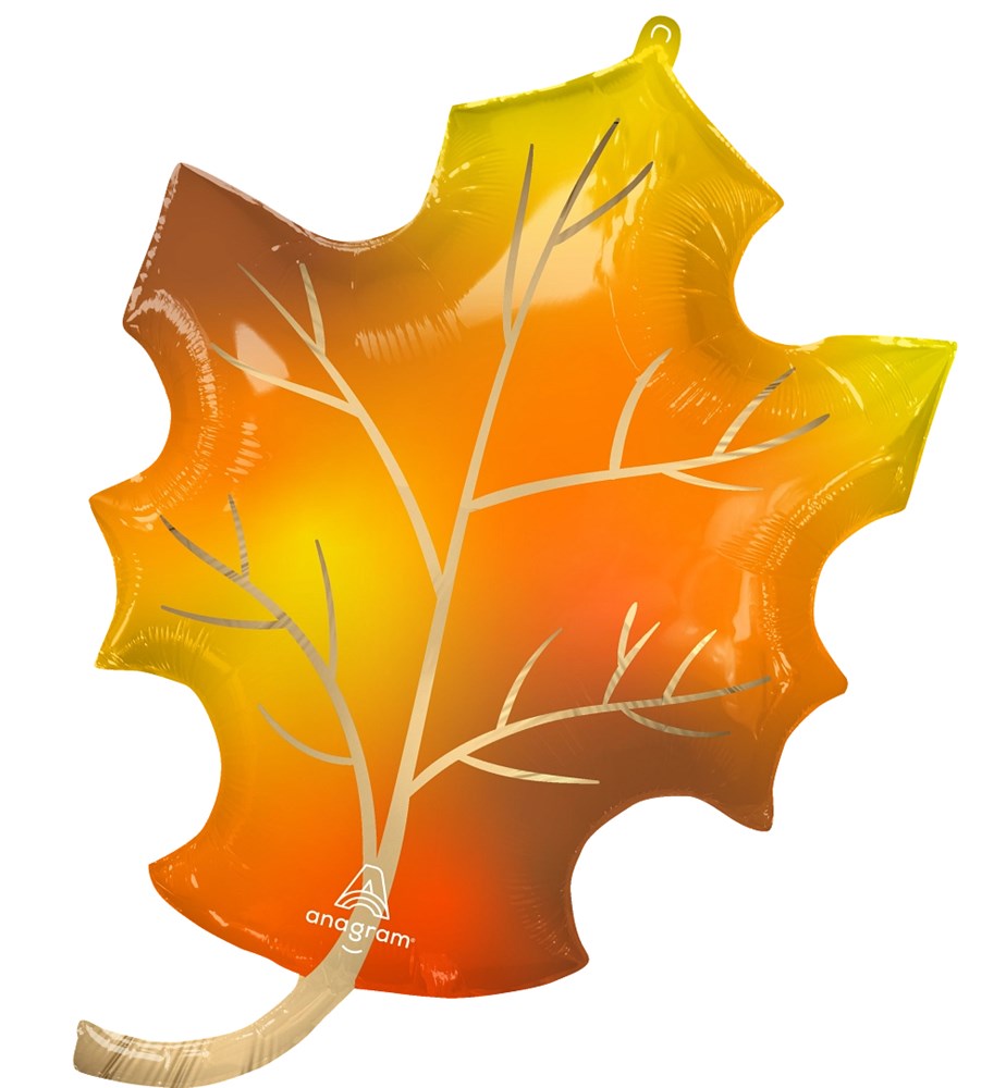 34-inch foil balloon shaped like a maple leaf in gradient shades of orange, yellow, and brown with white vein details.