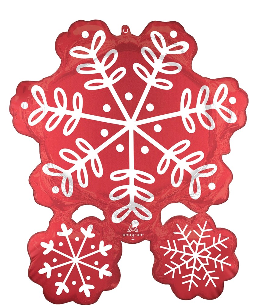 Red foil snowflake-shaped balloon with white Nordic-style snowflake designs in three sizes.