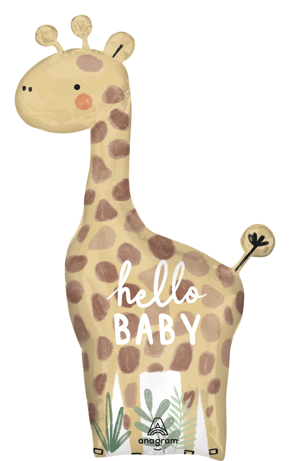 42-inch beige giraffe-shaped foil balloon with brown spots and "hello BABY" text in white.