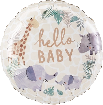 Round 17-inch foil balloon with beige giraffe print, illustrated jungle animals, and "hello BABY" text in soft brown.