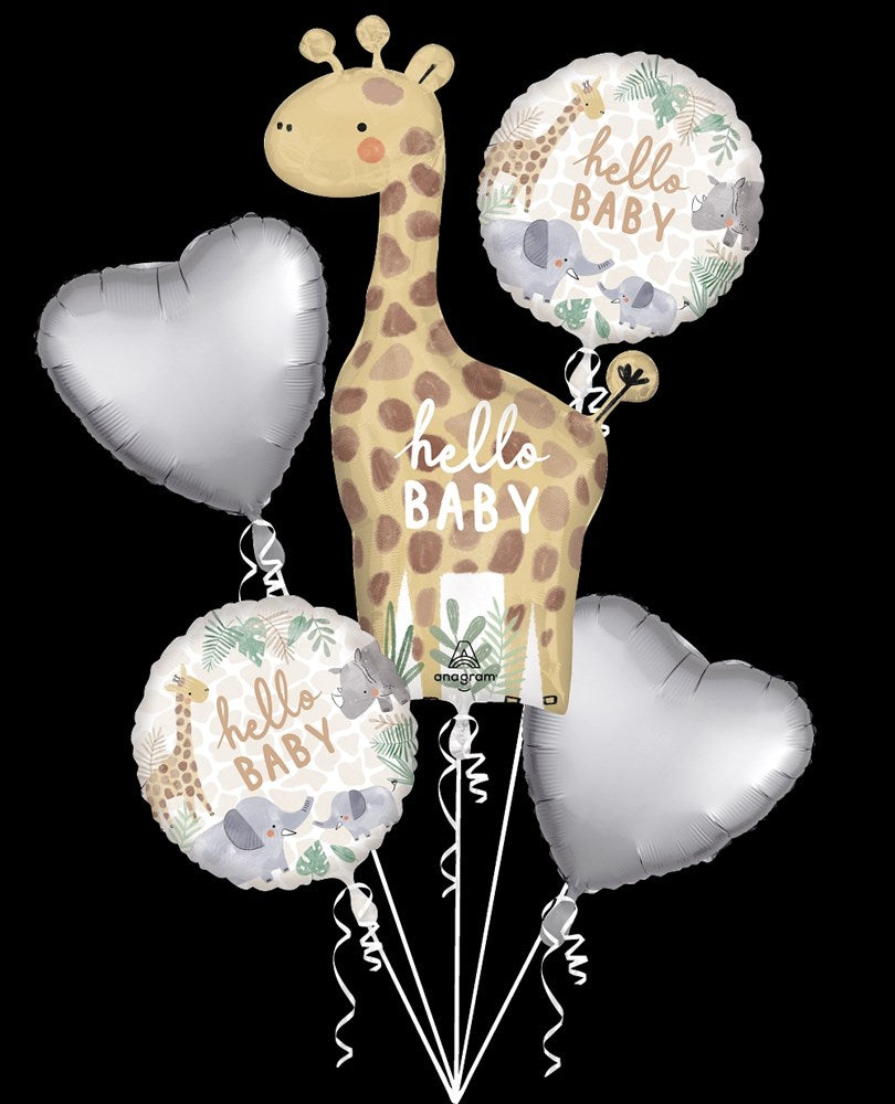 Five foil balloons including a tall, yellow giraffe with brown spots and three round balloons with "hello BABY" text, two.