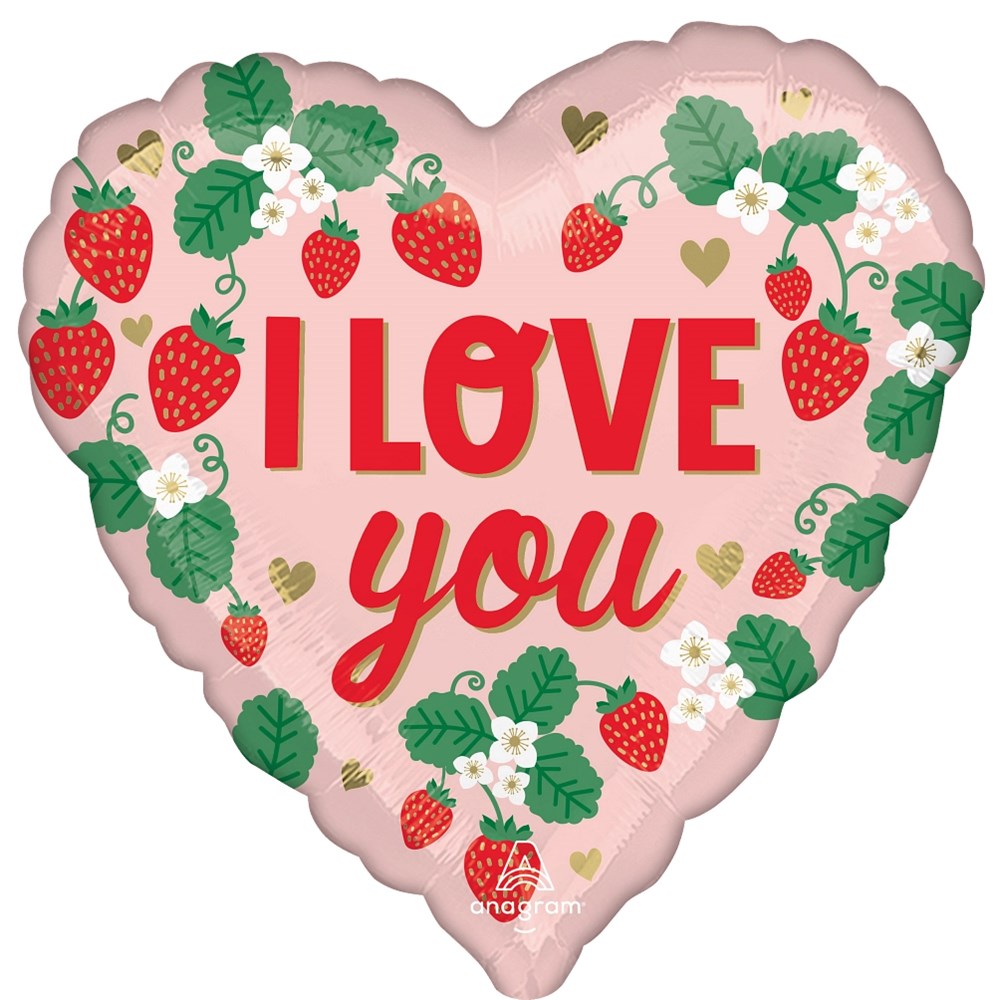 Heart-shaped pink foil balloon with "I Love You" in red script, decorated with strawberries and white flowers.