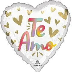 18-inch heart-shaped foil balloon with white background, gold hearts, and rainbow "Te Amo" text.