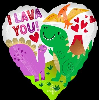 Heart-shaped foil balloon with colorful cartoon dinosaurs, volcano, hearts, and "I LAVA YOU!" text.