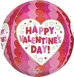 16-inch round foil balloon with layered red and pink hearts and "Happy Valentine's Day!" text inside a large white heart.