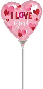 Small pink heart-shaped foil balloon with red and dark pink hearts and "I Love You" text in red and white.