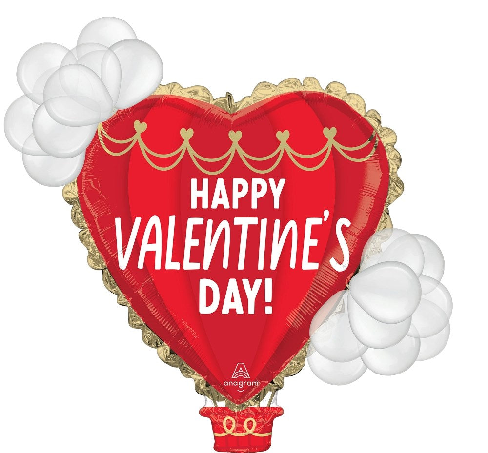 Red heart-shaped foil balloon with white "Happy Valentine's Day!" text and gold scalloped border, featuring two white.