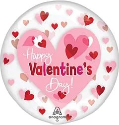 18-inch round clear foil balloon with pink and red hearts and "Happy Valentine's Day!" text.