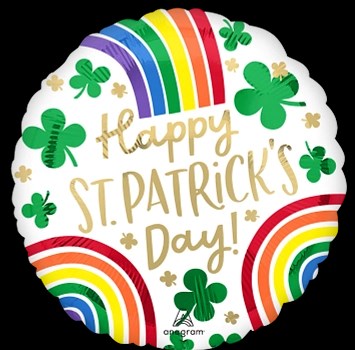 Round foil balloon with rainbows, green shamrocks, and gold "Happy St. Patrick's Day!" text.