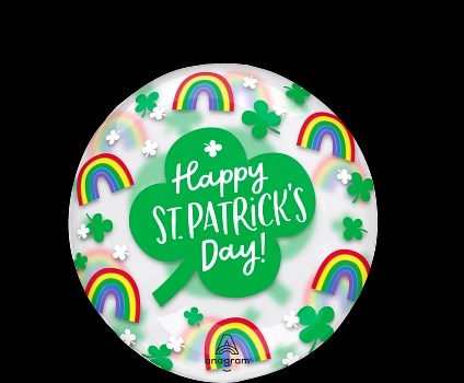 Clear 18-inch round balloon with rainbows, shamrocks, and "Happy St. Patrick's Day!" text in green.