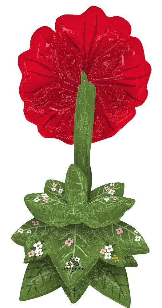 48-inch red foil flower balloon with green leafy stem and base, decorated with small white flowers.