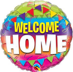 Round foil balloon with colorful bunting and confetti design, "Welcome Home" in bold yellow and white letters.