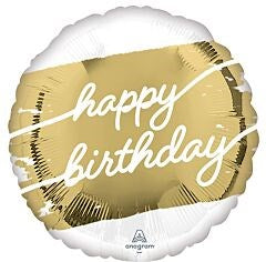 Round foil balloon with a reflective gold center and white edges, featuring white cursive "happy birthday" text.