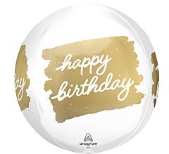 16-inch white orb foil balloon with gold brushstroke and "happy birthday" script text.