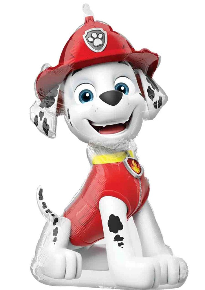 31-inch foil balloon shaped like Marshall the Dalmatian from Paw Patrol wearing a red firefighter hat and vest.
