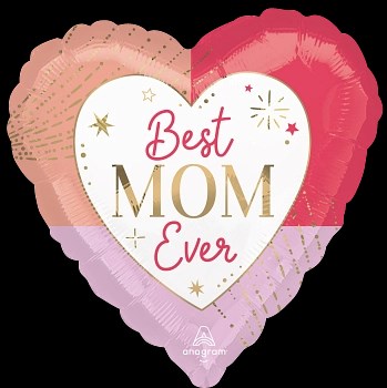 Heart-shaped foil balloon with pink, red, and lavender sections, featuring a white center and gold stars, reading "Best Mom.