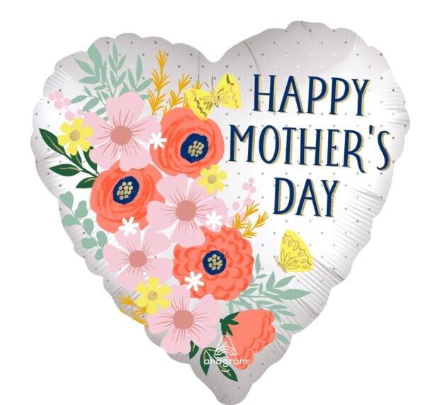 Heart-shaped silver foil balloon with colorful pink and orange flowers and "Happy Mother's Day" in navy text.