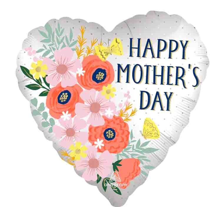Heart-shaped silver foil balloon with colorful floral design and "Happy Mother's Day" text.