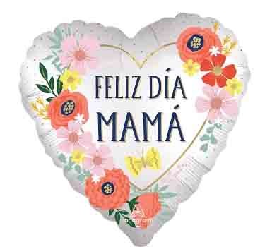 Heart-shaped silver foil balloon with colorful floral bouquet and "Feliz Día Mamá" text in navy blue.