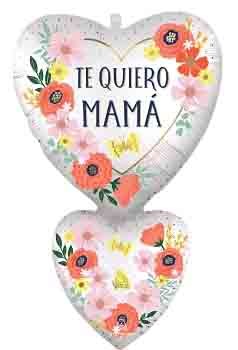 Heart-shaped foil balloon set with “Te Quiero Mamá” text and colorful floral design.