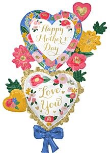 Heart-shaped foil balloon bouquet with floral patterns, "Happy Mother’s Day" and "Love You" gold script, pink, blue, yellow.