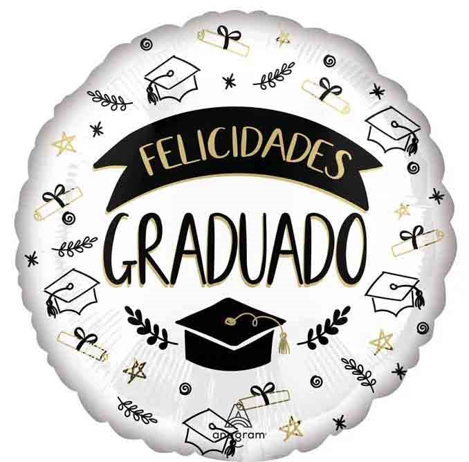 18 inch white round foil graduation balloon with black and gold text, graduation caps, stars, and decorative accents.