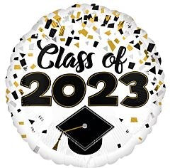 18-inch round foil balloon with black and gold confetti, "Class of 2023" text, and black graduation cap design.