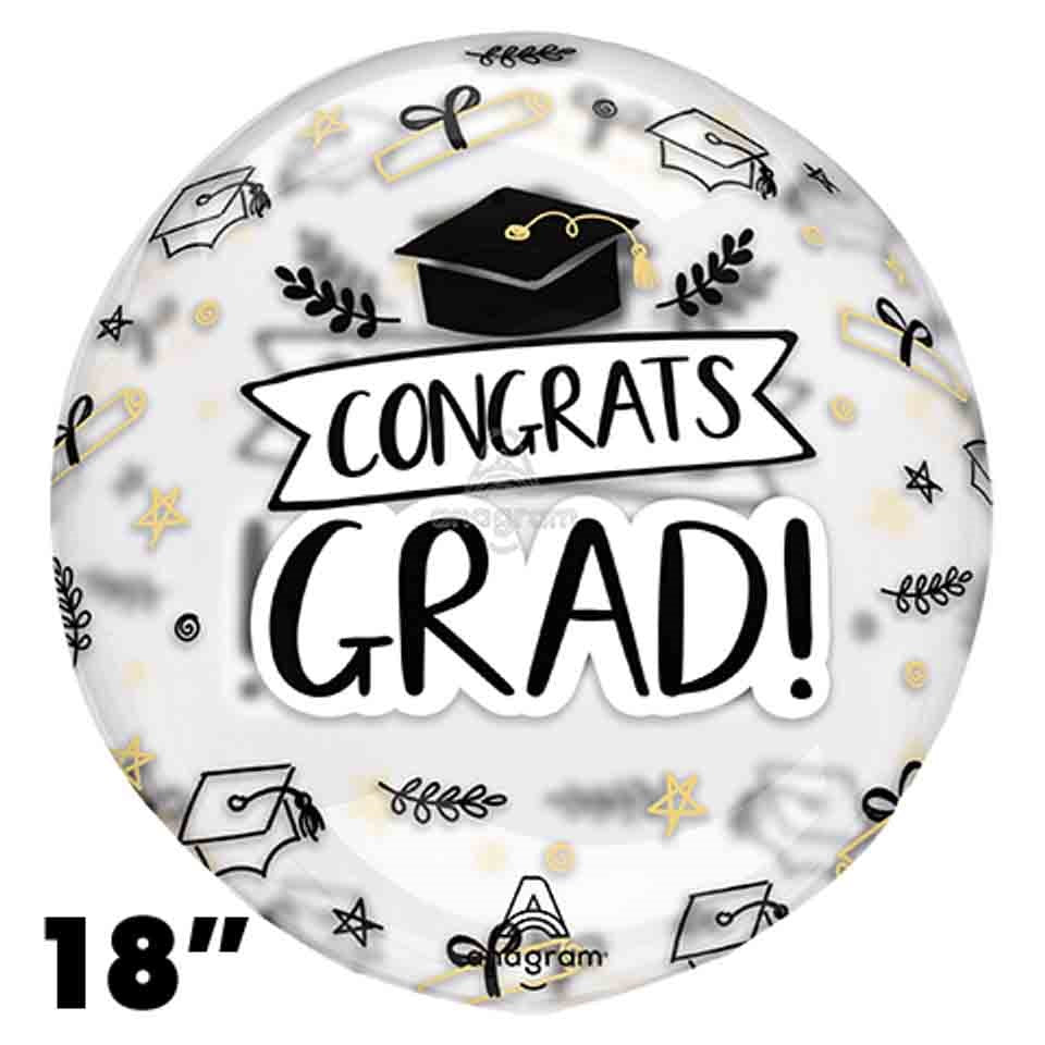 Round silver foil balloon with black graduation cap and "Congrats Grad!" text in bold black lettering, decorated with small.