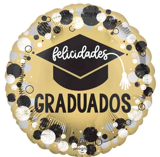 Round gold foil balloon with black graduation cap graphic and white tassel, surrounded by black and white polka dots, with.