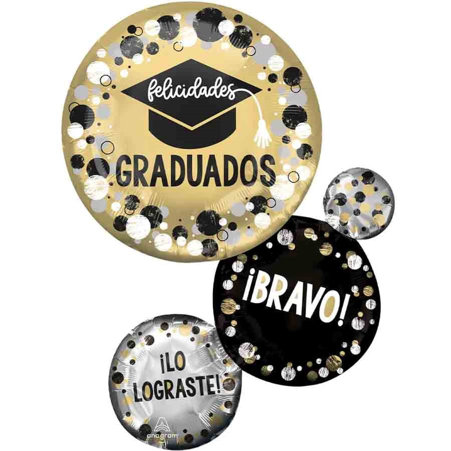 Set of four round foil balloons with graduation theme; largest balloon gold with black graduation cap, "Felicidades.