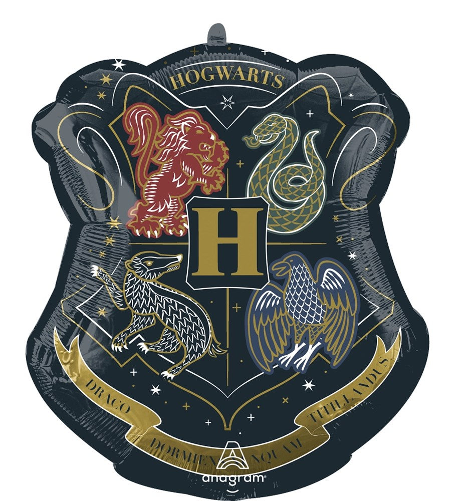 Black foil balloon shaped like Hogwarts crest with gold "H" and red lion, green snake, blue eagle, and yellow badger details.