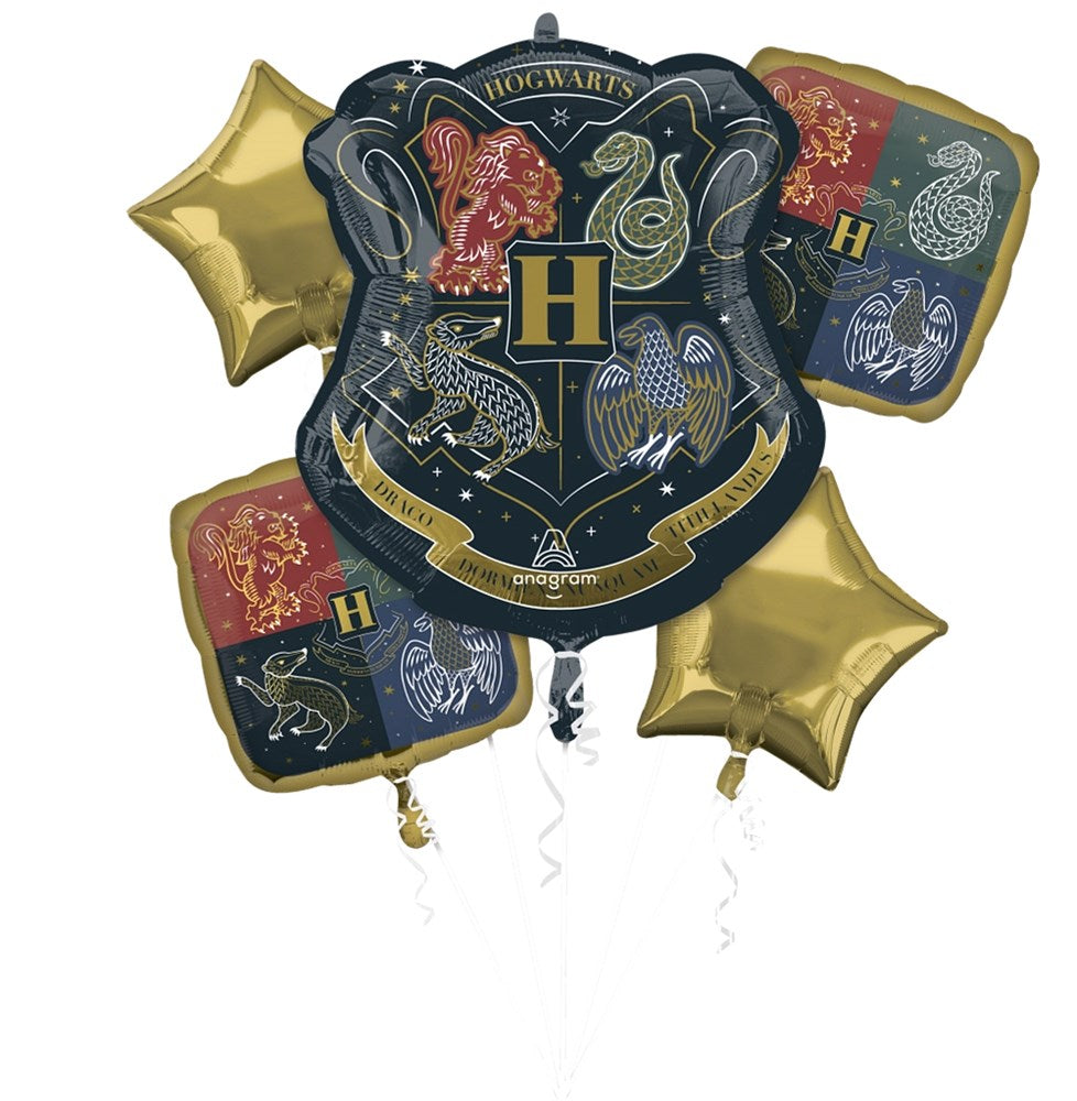 Set of five foil balloons featuring a large black Hogwarts crest balloon with gold stars and four smaller gold star and.