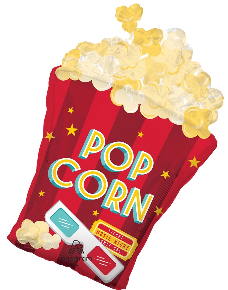 Red foil balloon shaped like a popcorn container with yellow and white popcorn popping out and colorful "Pop Corn" text.