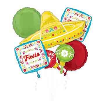 Colorful foil balloons bouquet featuring a yellow sombrero, green and red round balloons, and square balloons with Fiesta.
