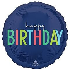 18-inch round foil balloon in navy blue with colorful "Happy Birthday" text in white, green, pink, red, and blue letters.