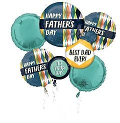Set of seven foil balloons with teal, navy, white, and multicolor retro patterns, featuring "Happy Father's Day," "Best Dad.