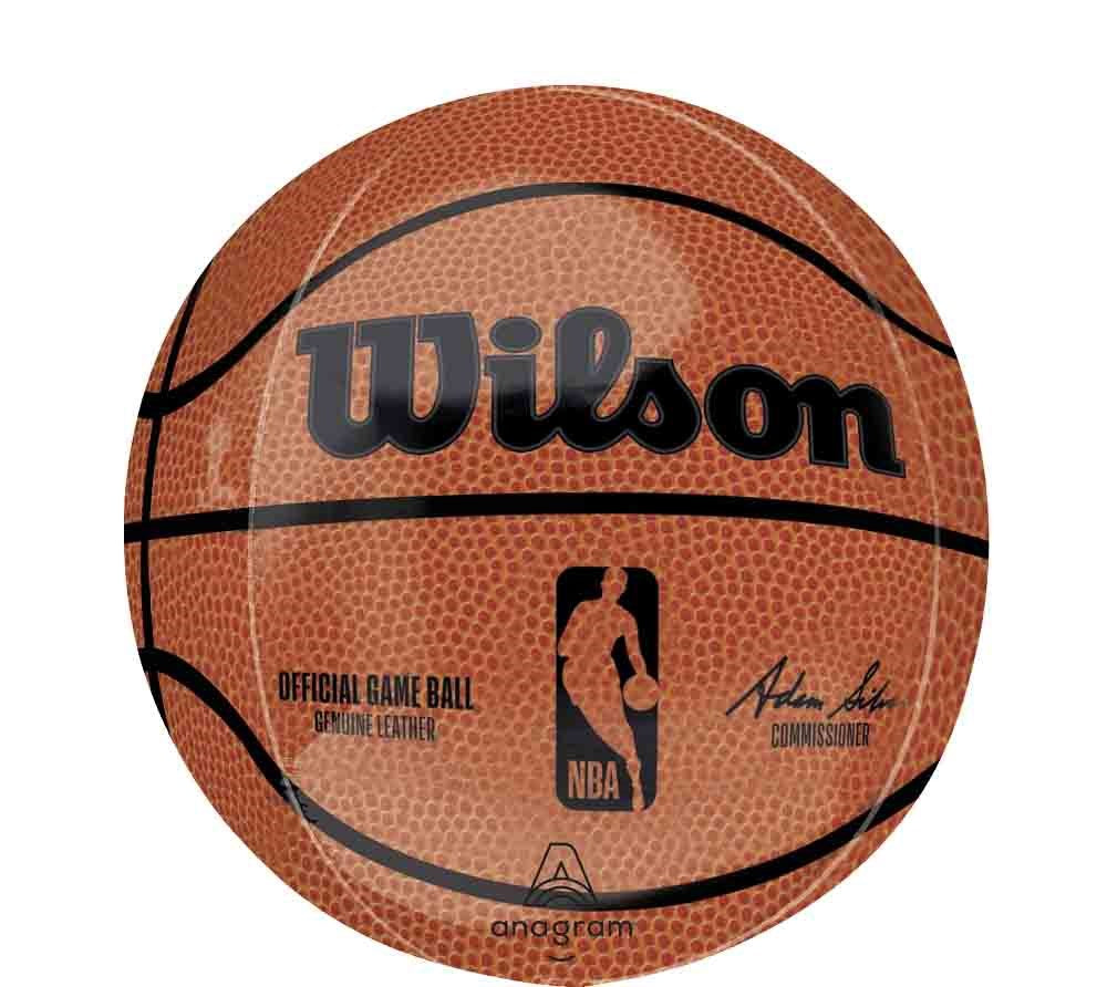 Round foil basketball balloon in orange with black lines, textured pattern, Wilson logo, and NBA branding.
