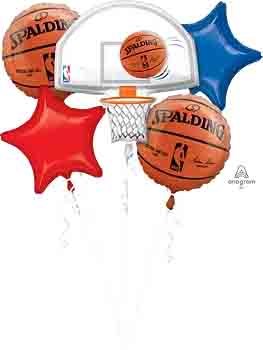 Five foil balloons including two orange Spalding basketballs, a white basketball hoop backboard, and red and blue.