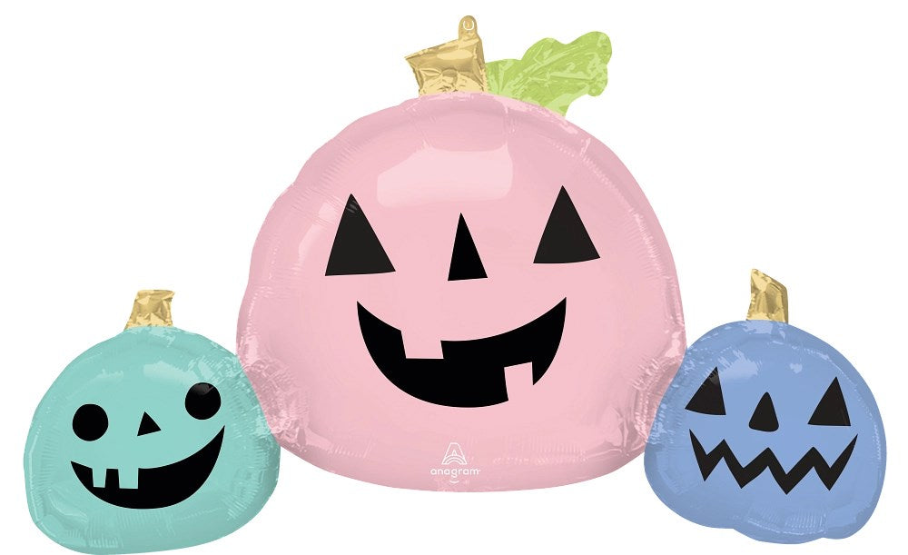 Set of three pastel foil Halloween balloons shaped like pumpkins in pink, teal, and lavender with black jack-o'-lantern faces.