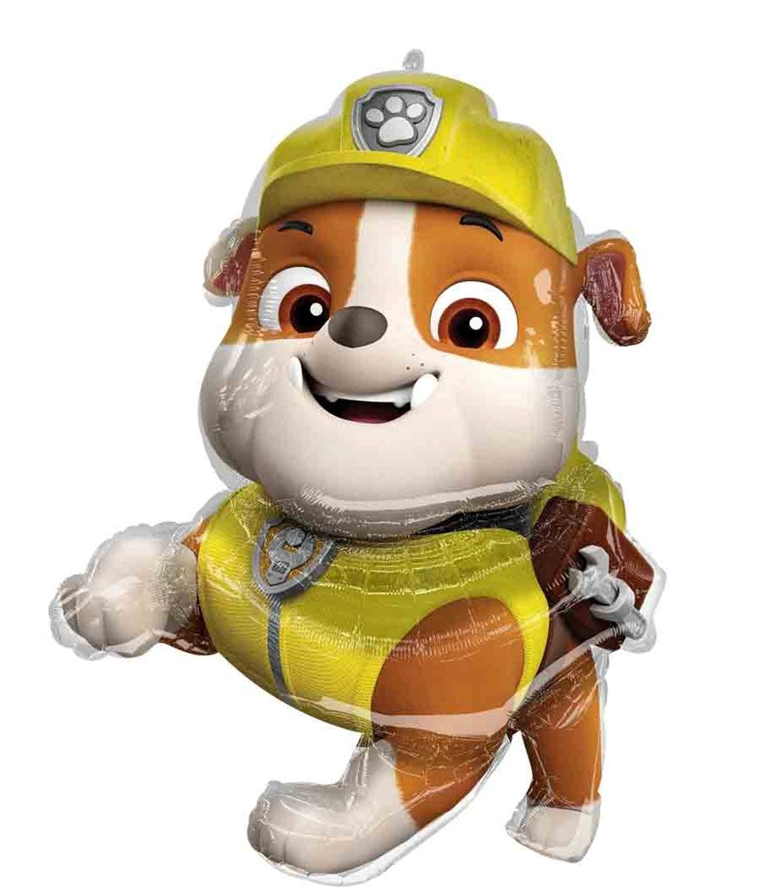 31-inch foil balloon shaped like Rubble from Paw Patrol wearing a yellow construction hat and vest.