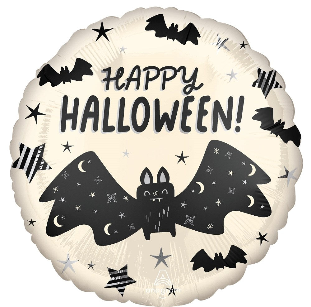 Round white foil balloon with black bats, stars, and "Happy Halloween!" text.