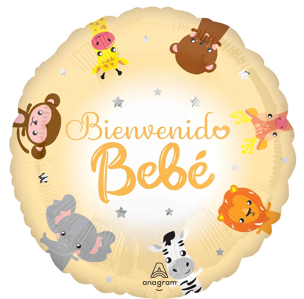 Round gold foil balloon with "Bienvenido Bebé" text and cartoon baby animals around the edge.