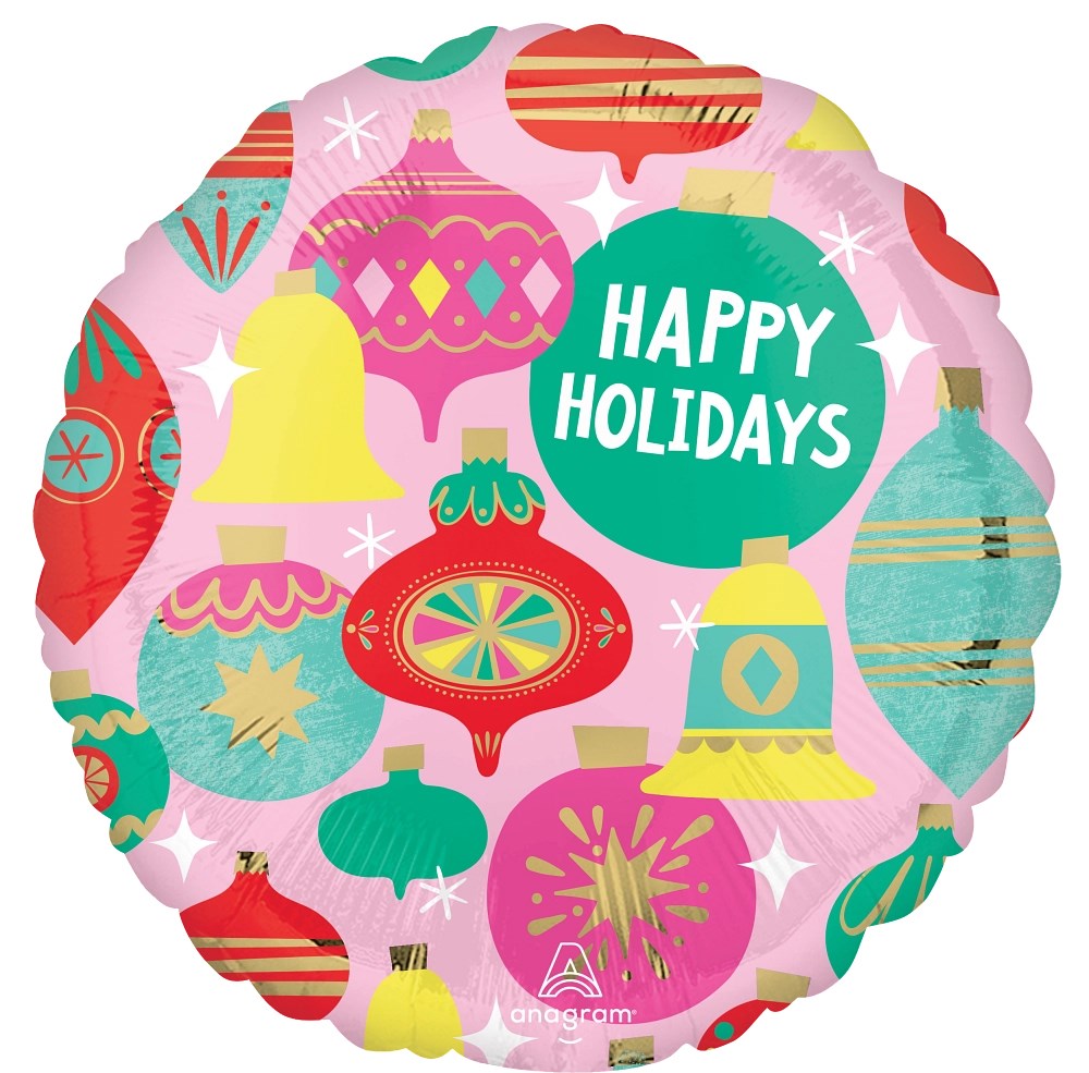 Round pink foil balloon with colorful Christmas ornaments and "Happy Holidays" text in green circle.