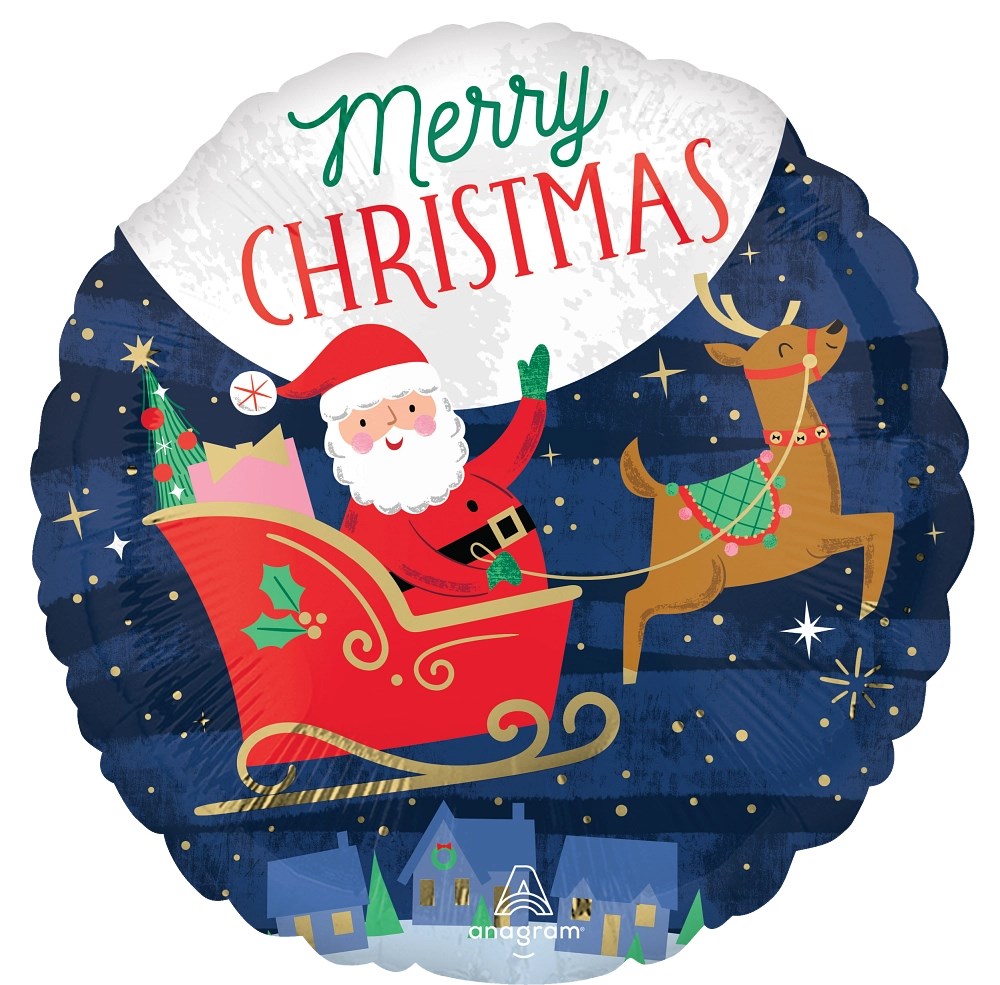 Round foil balloon with Santa in red sleigh and reindeer against a navy starry night sky, saying Merry Christmas in green.