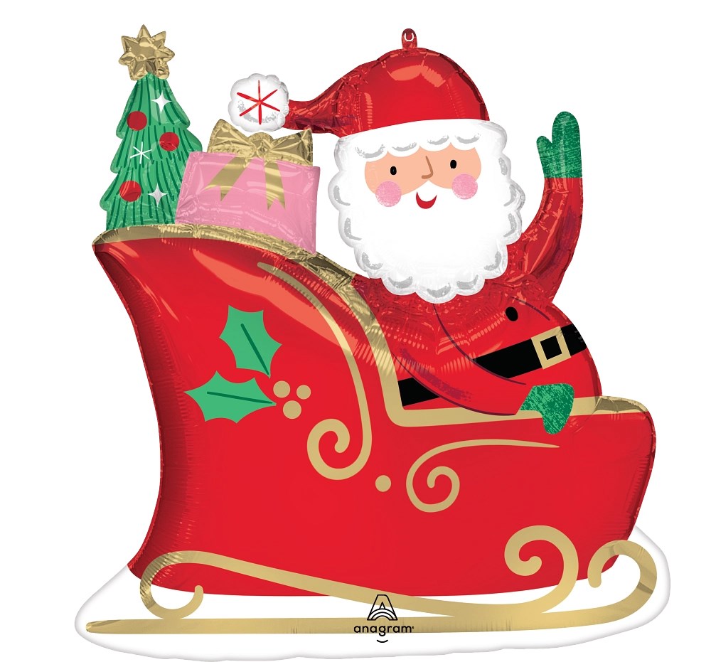Red foil balloon shaped like Santa Claus waving while sitting in a sleigh filled with presents and a Christmas tree.